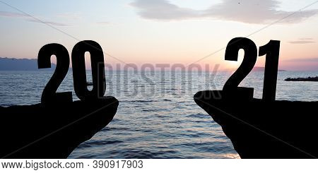 Greeting Card Decorated For New Year 2021 And Christmas. Landscape Scenery With 2021 On Sea Backgrou