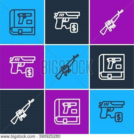 Set Line Book With Pistol Or Gun, M16a1 Rifle And Buying Icon. Vector