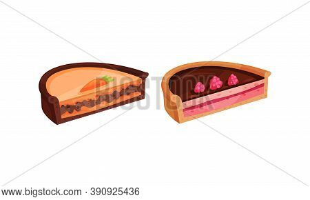 Sweet Homemade Pie Or Cheesecake Halves With Berry Filling And Crust Made Of Shortcrust Pastry Vecto