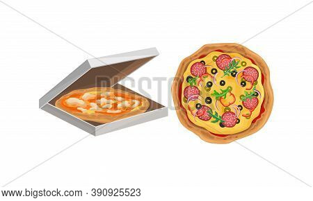 Hot And Round Unsliced Tasty Pizza Vector Set