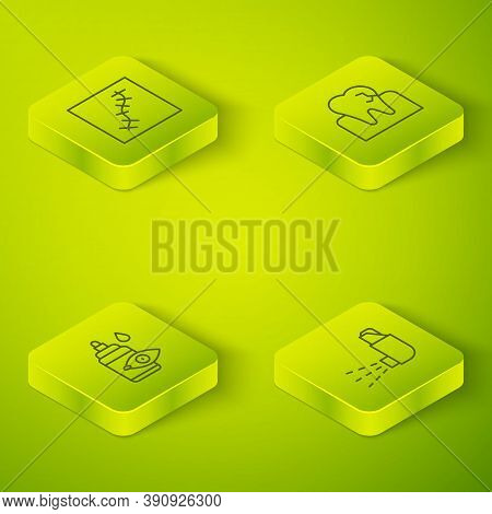Set Isometric Line Tooth With Caries, Eye Drop Bottle, Inhaler And Scar Suture Icon. Vector