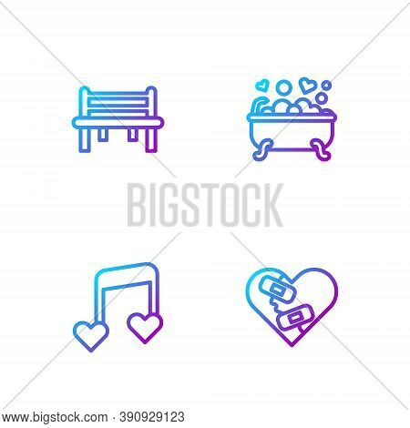 Set Line Healed Broken Heart, Music Note, Tone With Hearts, Romantic Bench And In Bathroom. Gradient