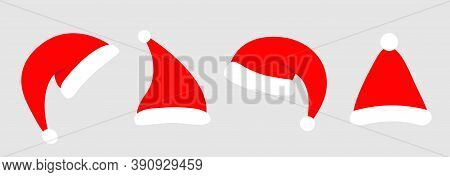 Santa Hat Icon Set Line. Red Santa Claus Hats Cap. Merry Christmas New Year Xmas Template. Cute Cart