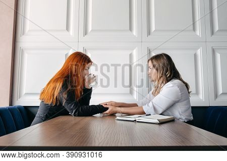 Mental Health Concept. Communication Session Of Woman Psychologist And Client. Psychotherapy Or Talk
