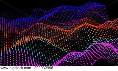 Sea Waves From Node. Hud Data Dots Flow. Research Points Stream. Big Data Visualized For The Present