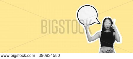 Asian Girl Pointing And Holding Speechbubble. Collage In Magazine Style With Bright Background. Flye