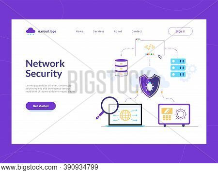 Network Security Landing Page First Screen. Bug Shield Protecting Corporate Data Base, Software, Wor