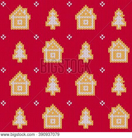 Christmas Sweater Winter Cabins And Christmas Trees Seamless Pattern.