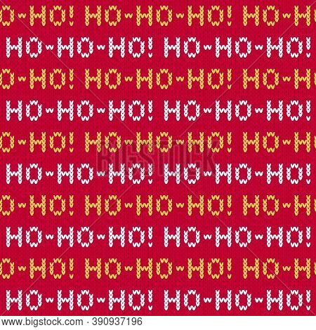 Christmas sweater ho-ho-ho lettering seamless pattern. Knitted winter pattern with white and yellow greeting words on red background.