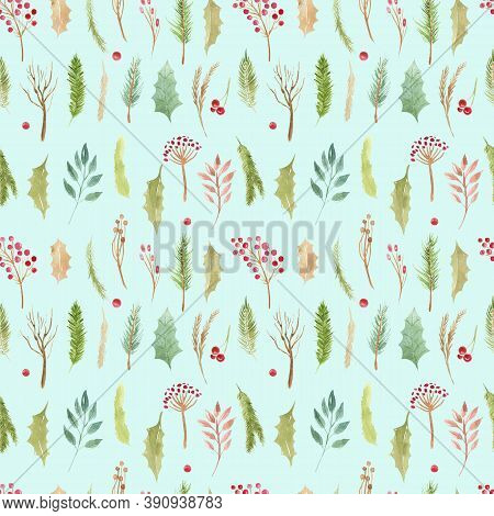 Seamless Pattern Christmas Boho Elements. Watercolor Winter Floral Set Holiday Branches, Leaves, Con