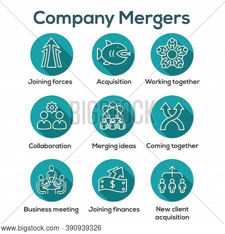 Companies Merging Together, One Buying Out The Other & Icon Set Banner