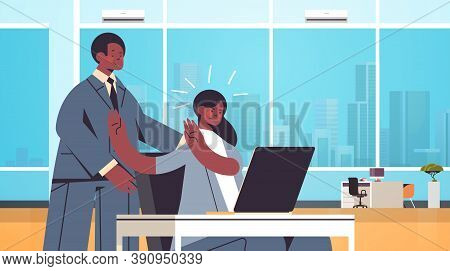 Businessman Molesting Female Employee Sexual Harassment At Work Concept Lustful Boss Touching Secret