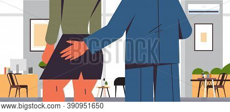 Businessman Molesting Female Employee Sexual Harassment At Work Concept Lustful Boss Touching Womans