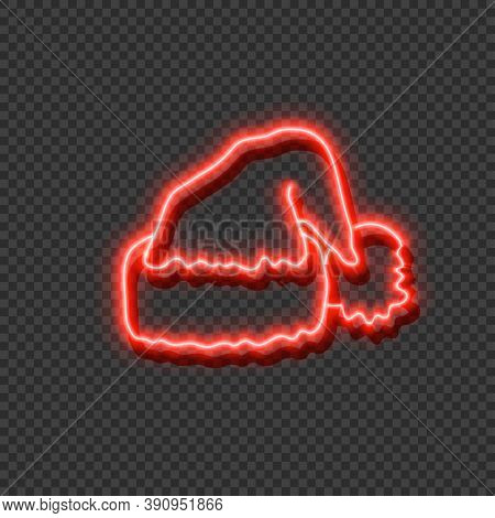 Vector Neon Red Glowing Chritstmas Santa Hat Isolated On Dark Transparent Background, Colorful Illus