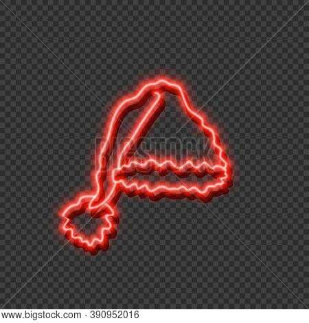 Vector Neon Red Glow Chritstmas Santas Hat Isolated On Dark Transparent Background, Colorful Illustr