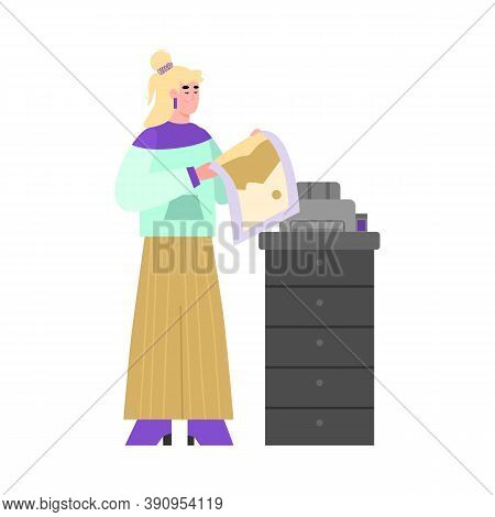 Woman Cartoon Character Printing On Professional Offset Printing Or Copying Equipment, Flat Vector I