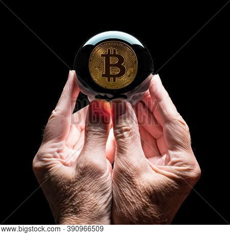 Crystal Futures Or Fortune Telling Ball Reflecting A Bitcoin Coin As Concept For Predicting The Futu