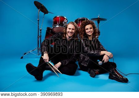 Portrait Of His He Her She Nice Attractive Famous Cheerful Cheery Professional Duett Sitting On Floo