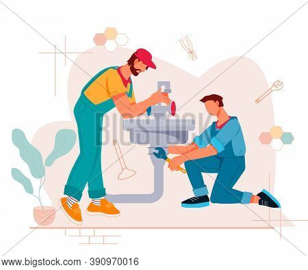 Plumbing Services And Repair Banner Or Poster, Flat Vector Illustration Isolated.