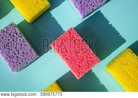 Pponges For Washing Dishes On Blue Background