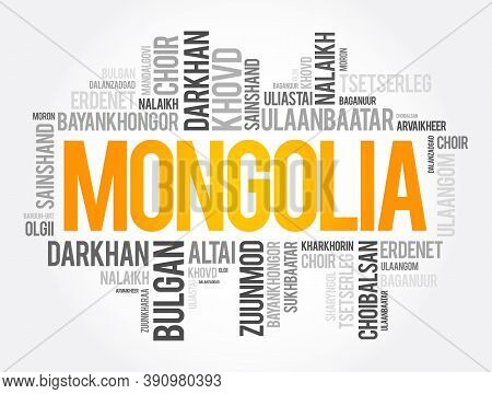 List Of Cities And Towns In Mongolia, Word Cloud Collage, Business And Travel Concept Background