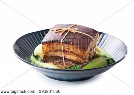 Isolated Dong Po Rou (dongpo Pork Meat) In A Beautiful Plate With Green Vegetable.