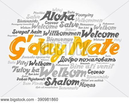 G'day Mate (welcome In Australian) Word Cloud In Different Languages, Conceptual Background