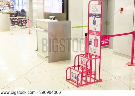 Kiev, Ukraine - Dec 31, 2019: Wizzair Metallic Carry On Luggage Sizer