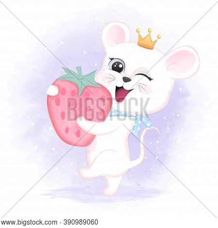 Cute Baby Mouse And Strawberry Hand Drawn Cartoon Animal Watercolor Illustration