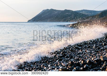 Scenic Landscape Of Black Sea Coast By Bolshoy Utrish Village, Anapa, Russia. Wave Splashing On Pebb