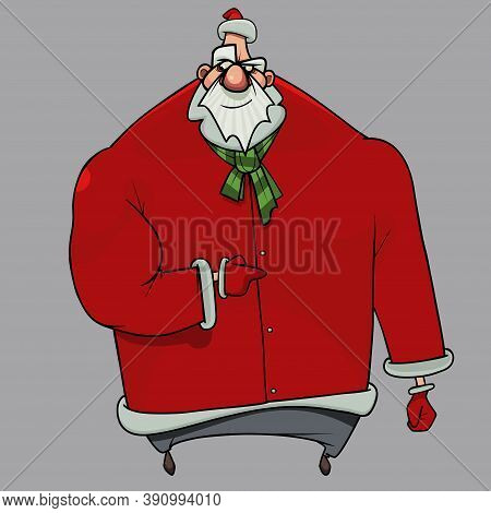 Funny Cartoon Hefty Muscular Man In Santa Claus Costume Points His Finger To The Side