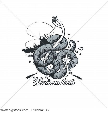 Freehand Sketch Of The Worm On Hook Can Be Printed On T-shirt Or Logo.