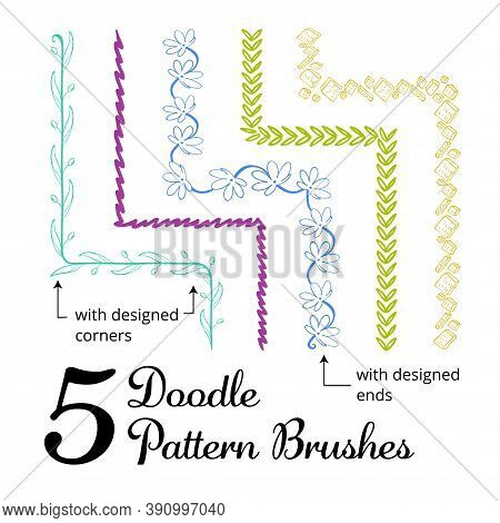 Vector Set Of Five Hand Drawn Brushes With Corner Tiles. Seamless Pattern Of Different Colors For Fr