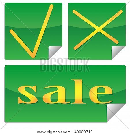 green stickers with yellow letters and signs