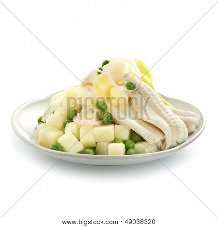 Tasty Potato Fish Salad With Green Pea And Onions