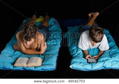 Child And Teen Boy Reading Book And Ebook