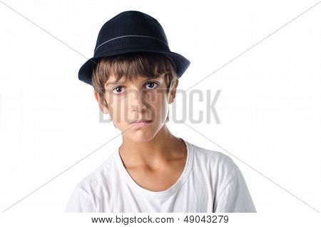 Serious Child Wearing Fedora Hat Isolated