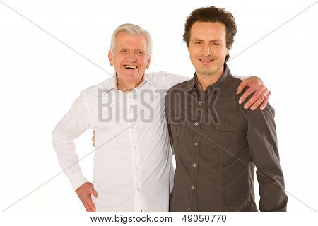 Eldery Father Granfather And Son Standing  On White Backgraund