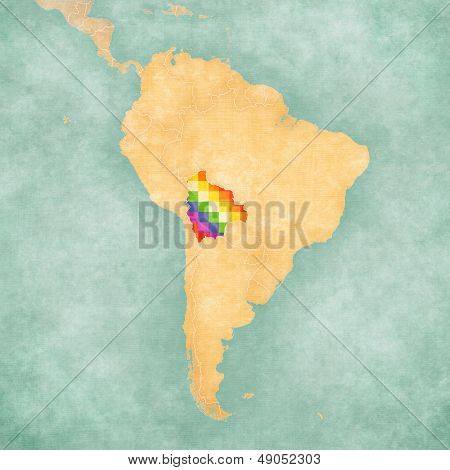 Bolivia (Wiphala banner) on the map of South America. The Map is in vintage summer style and sunny mood. The map has a soft grunge and vintage atmosphere which acts as a watercolor painting.