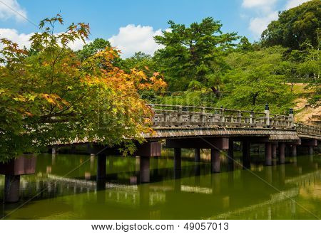 Vacker träbro i Nara Garden, Japan 