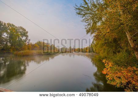 Autumn misty day on a River. Beautiful place.