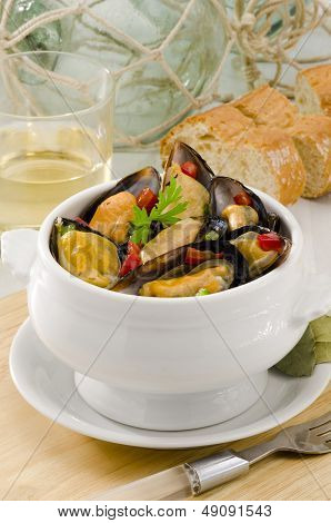 Spanish Cuisine. Mussels In Sauce. Mejillones A La Marinera.