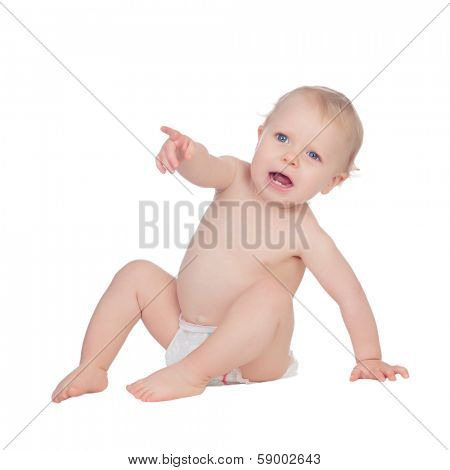 Adorable blond baby in diaper crying sitting on the floor isolated on a white background