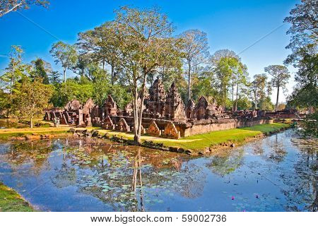 Banteay Srei temple, caled temple of woman, in pink sandstone. Angkor wat complex, near Siem Reap, Cambodia.
