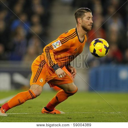 BARCELONA - JAN, 12: Sergio Ramos of Real Madrid during the Spanish League match between Espanyol and Real Madrid at the Estadi Cornella on January 12, 2014 in Barcelona, Spain