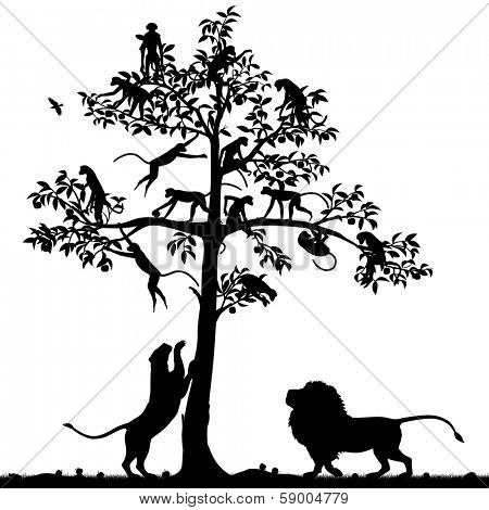 Editable vector silhouette of monkeys in a tree and a pair of lions below with all figures as separate objects