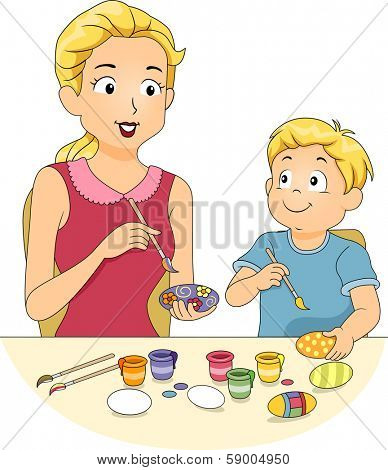 Illustration of a Mother Painting Easter Eggs with Her Son