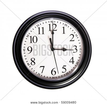 Wall clock shows time 3:00 o'clock on white isolated background