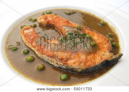salmon fried with green chili sauce, Thai fusion food