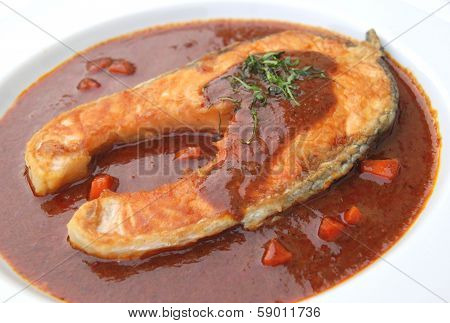salmon fried with red chili sauce, Thai fusion food